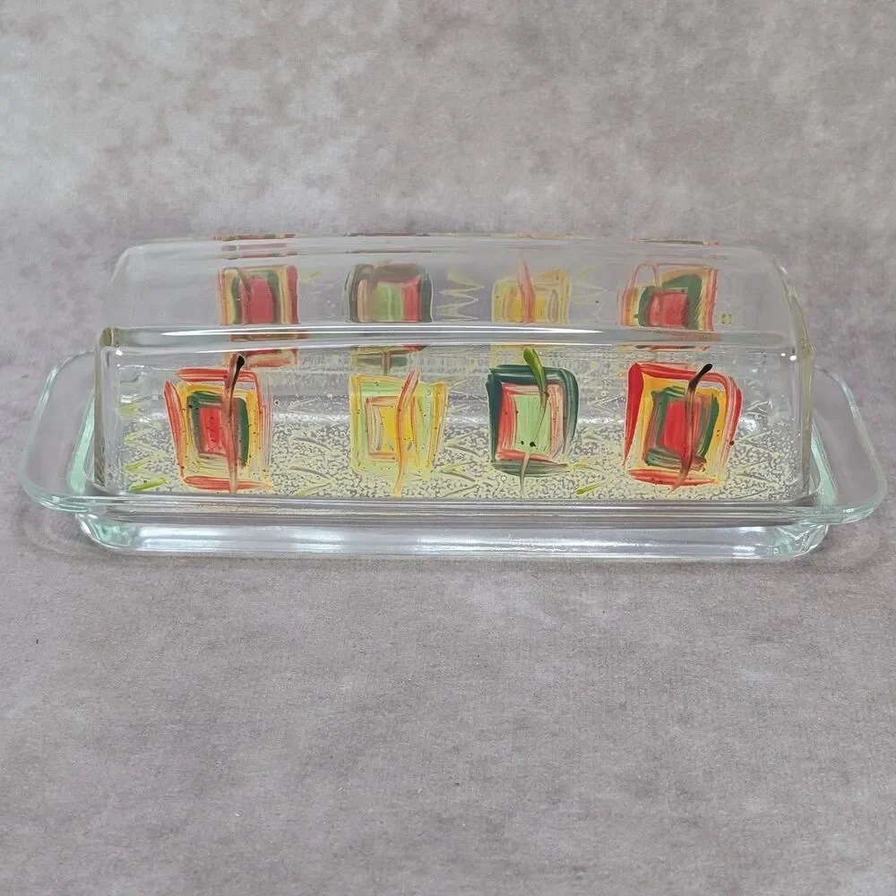 Vintage Mid Century Hand Painted Glass Butter Dish Covered Lid Abstract Art